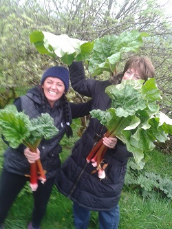 Emma and Maureen getting Freegle rhubarb at VEG visit